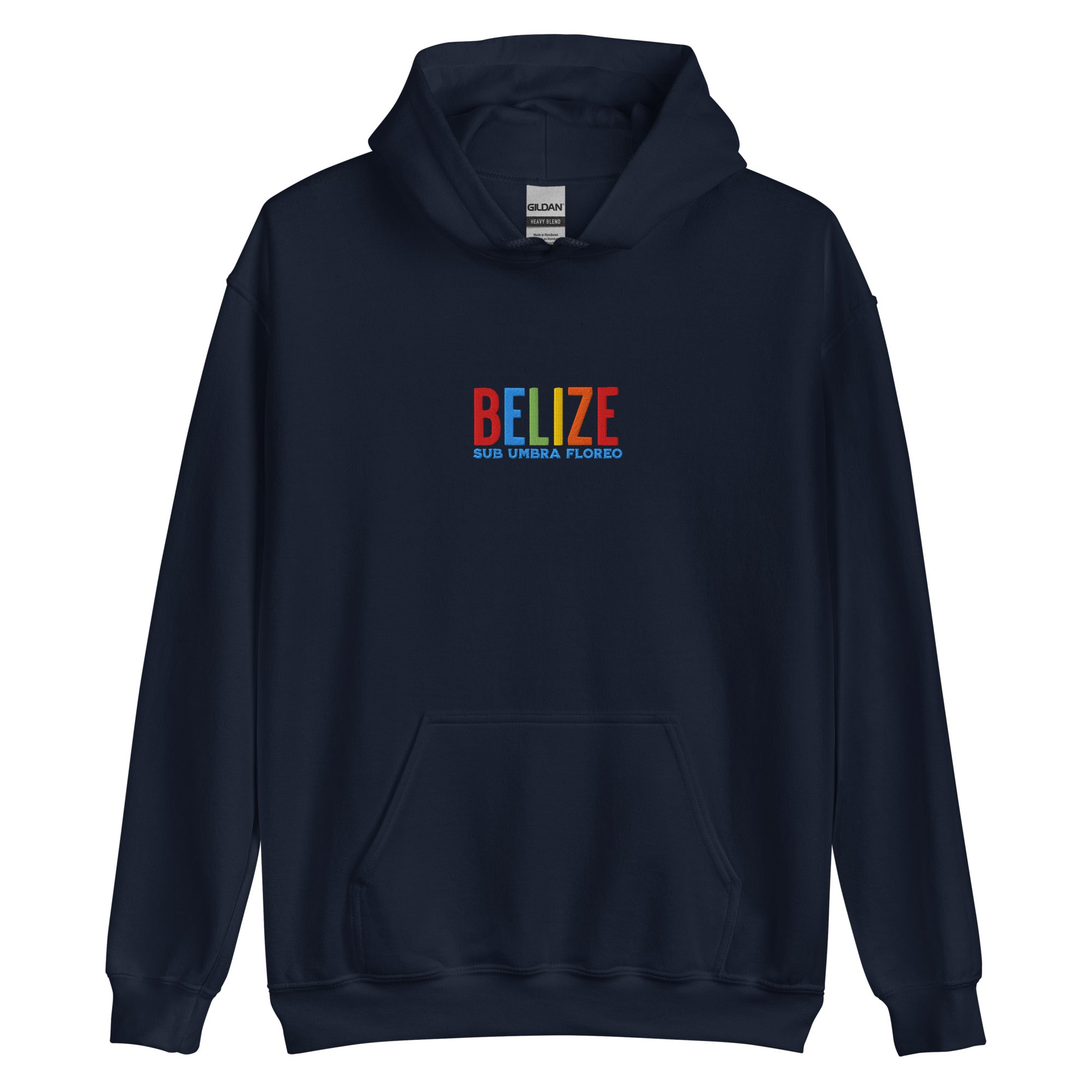 Hoodie bordado con la frase “Sub Umbra Floreo”, inspiración cultural de Belize.